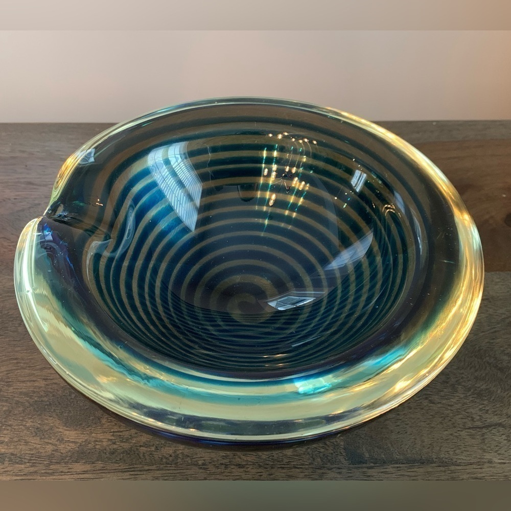 Murano Alfredo Barbini-Style Ashtray Trinket Dish Blue Swirl Heavy Italy MCM
